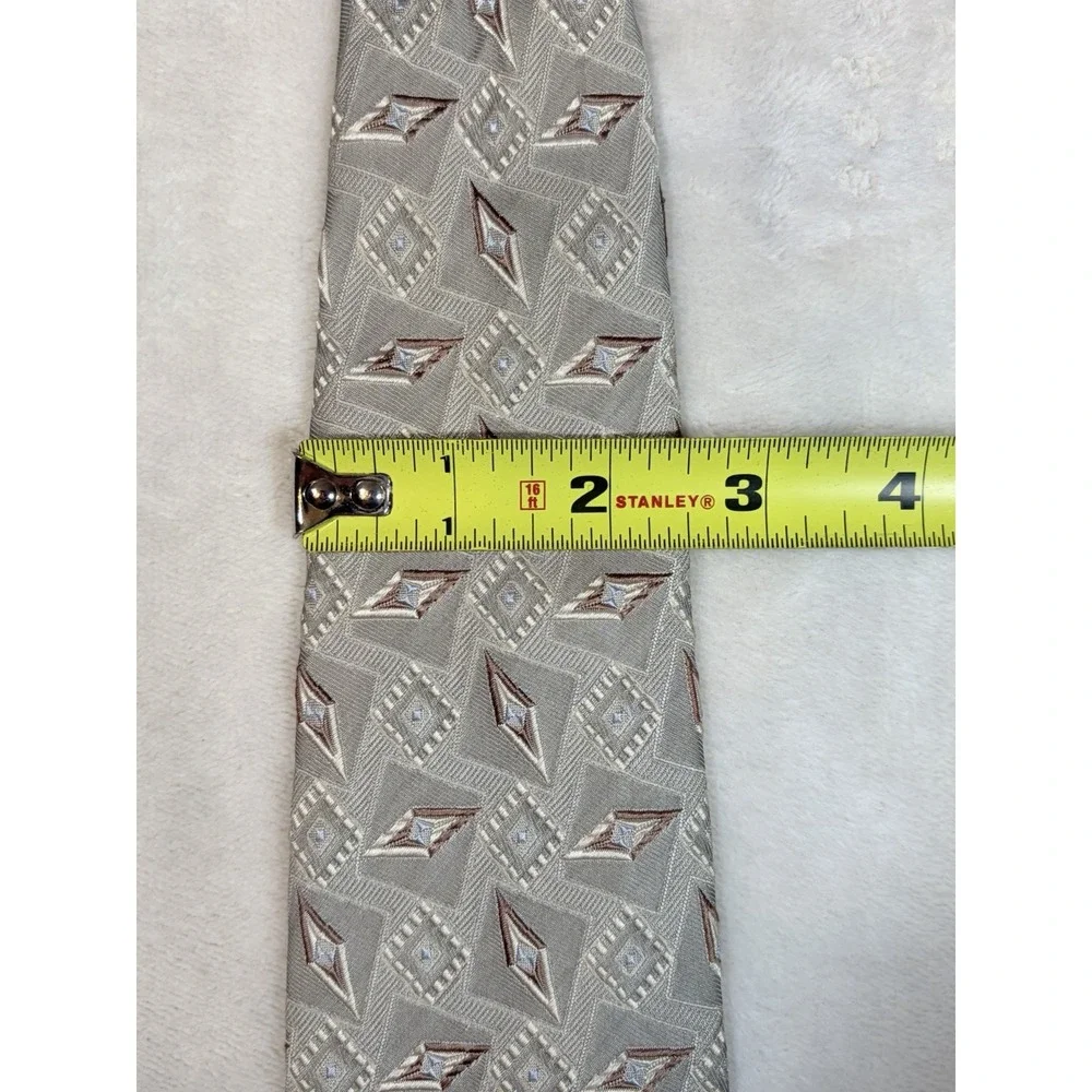Ermenegildo Zegna Men's Geometric Beige Brown White 100% Silk Satin Tie‎